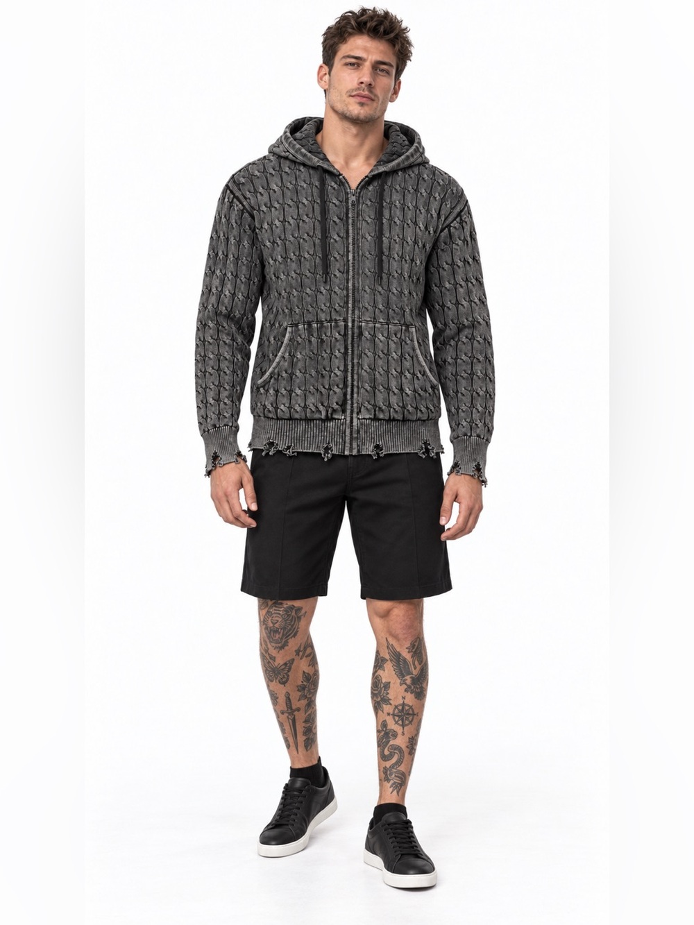 Stolen Arts Distressed Cable Knit Zip Hoodie Gray Size Small NWT